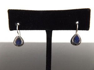 .925 Sterling Silver Art Nouveau Inlayed Lapis Hook Clasp Earrings