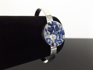 .925 Sterling Silver Blue Enamel Flower Open Cuff Bracelet