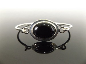 .925 Sterling Silver Black Onyx Cabochon Hook Bangle Bracelet