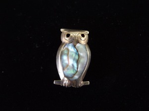 .925 Sterling Silver Abalone Owl Brooch