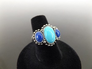.925 Sterling Silver Turquoise and Lapis Cabochon Ring Size 6.75