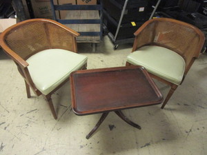 SOLID WOOD CHAIRS WITH RATTAN BACKS, PEDESTAL COFFEE TABLE