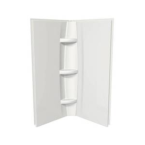 lot 204 image: Acrylic 36 in. 36 in. x 72 in. 2-Piece Direct-to-Stud Corner Shower Surround Kit in White. - Small Crack on Middle Shelf, Some Slight Scratches