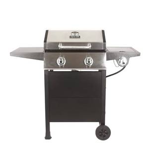 lot 272 image: Dyna-Glo 2-Burner Open Cart Propane Gas Grill in Stainless Steel and Black with Side Burner DGF350CSP-D