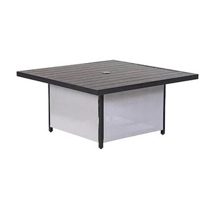 lot 282 image: Style Selections - Easton Park Square Outdoor Coffee Table 41-in W x 41-in L with Umbrella Hole 720.202.004. One board is cracked (have pieces can be fixed) and another scratched.