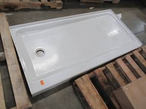 lot 208 image: Bootz ShowerCast 60 in. x 30 in. Right Drain Single Threshold Shower Base in White - Crack in Pan.