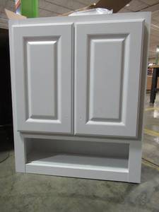 lot 221 image: Style Selections 23.25-in W x 28-in H x 7-in D White Bathroom Wall Cabinet TT210 - Very slight LH upper front corner damage. .