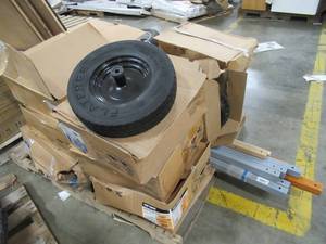 lot 266 image: Mixed Wholesale Pallet of Wheel Barrow Tires, Handles and Frame Pieces.