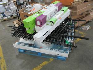 lot 283 image: WHOLESALE MIXED PALLET - MISCELLANEOUS BLACK FENCE PANELS, CHOICEDEK DECK POSTS, SLEEVES, BALUSTERS, AND MORE