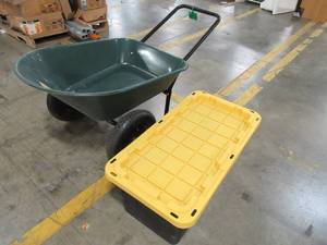 lot 292 image: Garden Star Dual Wheel, Poly Tray Yard Rover Wheelbarrow And Rolling Tote Bin.