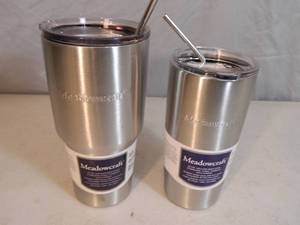 2 New Meadowcraft Stainless Steel Tumblers with Metal Straws