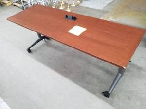 lot 214 image: Wood Top Metal Rolling Computer Table with 2-Gang Power Supply