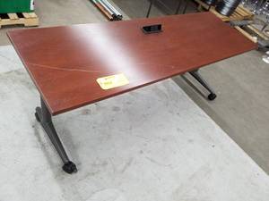 lot 215 image: Wood Top Metal Rolling Computer Table with 2-Gang Power Supply