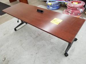 lot 217 image: Wood Top Metal Rolling Computer Table with 2-Gang Power Supply