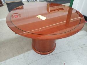 lot 219 image: 48in. Round Wood Pedestal Conference Table