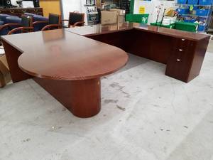 lot 237 image: U-Shaped Executive Wood Office Desk 3-Locking Drawer with Round Pedestal End Desk
