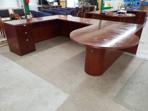 lot 239 image: U-Shaped Executive Wood Office Desk 3-Locking Drawer with Round Pedestal End Desk