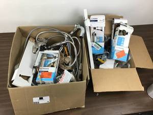 lot 46 image: Huge Mixed Lot Of Moen Shower Heads, Faucets, Towel Bar, Toilet Roll Holder