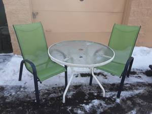 lot 5 image: Round Glass Top Patio Table & 2-Chairs (1-Has Burn Holes)