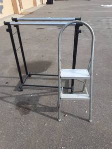 lot 21 image: Double Rolling Adjustable Garment Rack & Metal Step Stool