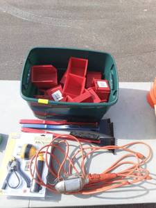 lot 37 image: 2-Work Lights, 2-Snow Brushes, Assorted Parts Bins