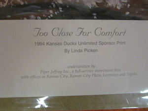 lot 76 image: Linda Picken Kansas Ducks Unlimited Too Close For Comfort Signed & Numbered Print 10281500 22x19