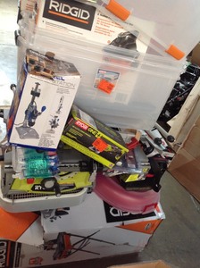 Pallet of assorted hardware tools , Tool boxes, Storage items and more original customer returns