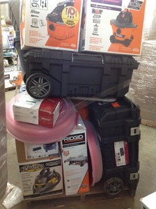 Pallet of assorted hardware tools , Cabinets, Storage items and more original customer return