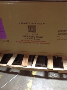 lot 10 image: James Martin Vanities De Soto 60 in. W Single Bath Vanity in Burnished Mahogany with Marble Vanity Top in Carrara White with White Basin not used