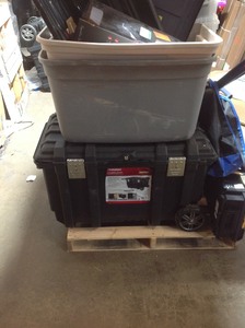 lot 13 image: Pallet of assorted storage bins, tools boxes and more different sizes and conditions