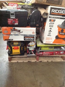 lot 17 image: Pallet with Assorted Ridgid Wet tile, assorted shop tools and more customer Returns