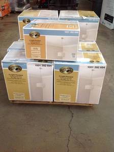 lot 46 image: PALLETS OF 11 UNITS OF Hampton Bay 3-Light Cascading Ring Polished Nickel Pendant with White Drum Shade NEW RETAIL $ 1400