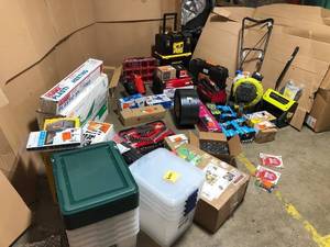 lot 48 image: Pallet of Assorted Tools and hardware includes roll of strapping, ridgid and Milwaukee tool boxes, small electric snow blower and more