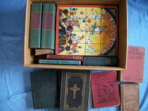 Box of vintage books. 1882 Danish bible & kids books. As shown.