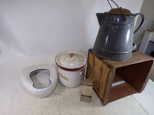 lot 61 image: Vintage Coffee Pot, Wood Crate, Bed Pan and Commode