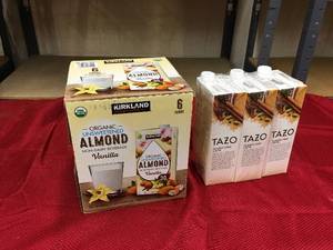 lot 535 image: Kirkland Signature Organic Unsweetened Almond Non Dairy Beverage & Tazo Classic Chai Latte, Retail $15.38
