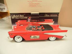 lot 7 image: 1957 CHEVY BEL AIR CONVERTIBLE WITH BOX - RED  W BLACK TOP - BEAM DECANTER - GREAT COLLECTIBLE - SEE PICTURES