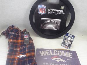 lot 78 image: Brand New Denver Broncos Steering Cover, Welcome Sign, Game Time Watch and XLG Pajama Pants
