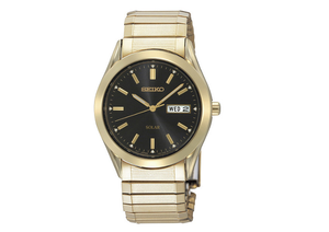 lot 2 image: Brand New Seiko Mens Goldtone & Black Solar Expansion Bracelet Watch