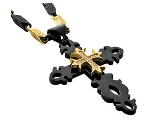 lot 130 image: Brand New Mens Goldtoned Black Plated Cubic Zirconia Cross Pendant & Necklace