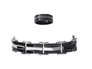 lot 141 image: Brand New Stainless Steel Mens Black & Silver Pyramid Link Bracelet and Ring Set Size 10