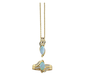 lot 145 image: Brand New 14K Gold-Plated Silver Opal Pendant & Ring Set Size 7
