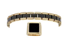 lot 146 image: Brand New Mens Stainless Steel Black and Goldtone Crystal Bracelet and Ring Set Size 12