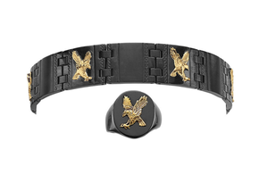 lot 159 image: Brand New Black & Goldtone Stainless Steel Eagle Bracelet & Ring Set Size 10