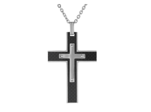 lot 164 image: Brand New Stainless Steel Carbon Fiber Cross Pendant & Necklace