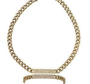 lot 181 image: Brand New Goldtone Stainless Steel Crystal Curb Necklace & Bracelet