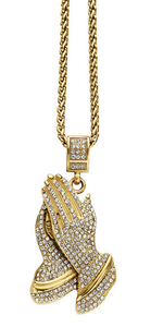 lot 182 image: Brand New Mens Goldtone Stainless Steel Crystal Praying Hands Pendant & Necklace