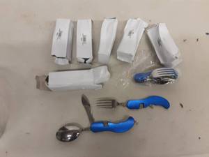 lot 21 image: Six Blue Folding Utensils