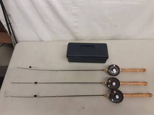 lot 39 image: 3-Ice Fishing Sticks, 1-Small Tackle Box