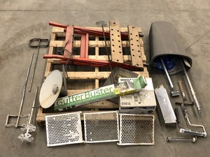 lot 63 image: Lot Of Assorted Painting Supplies, Work Table, Gutter Cleanout Kit, Etc